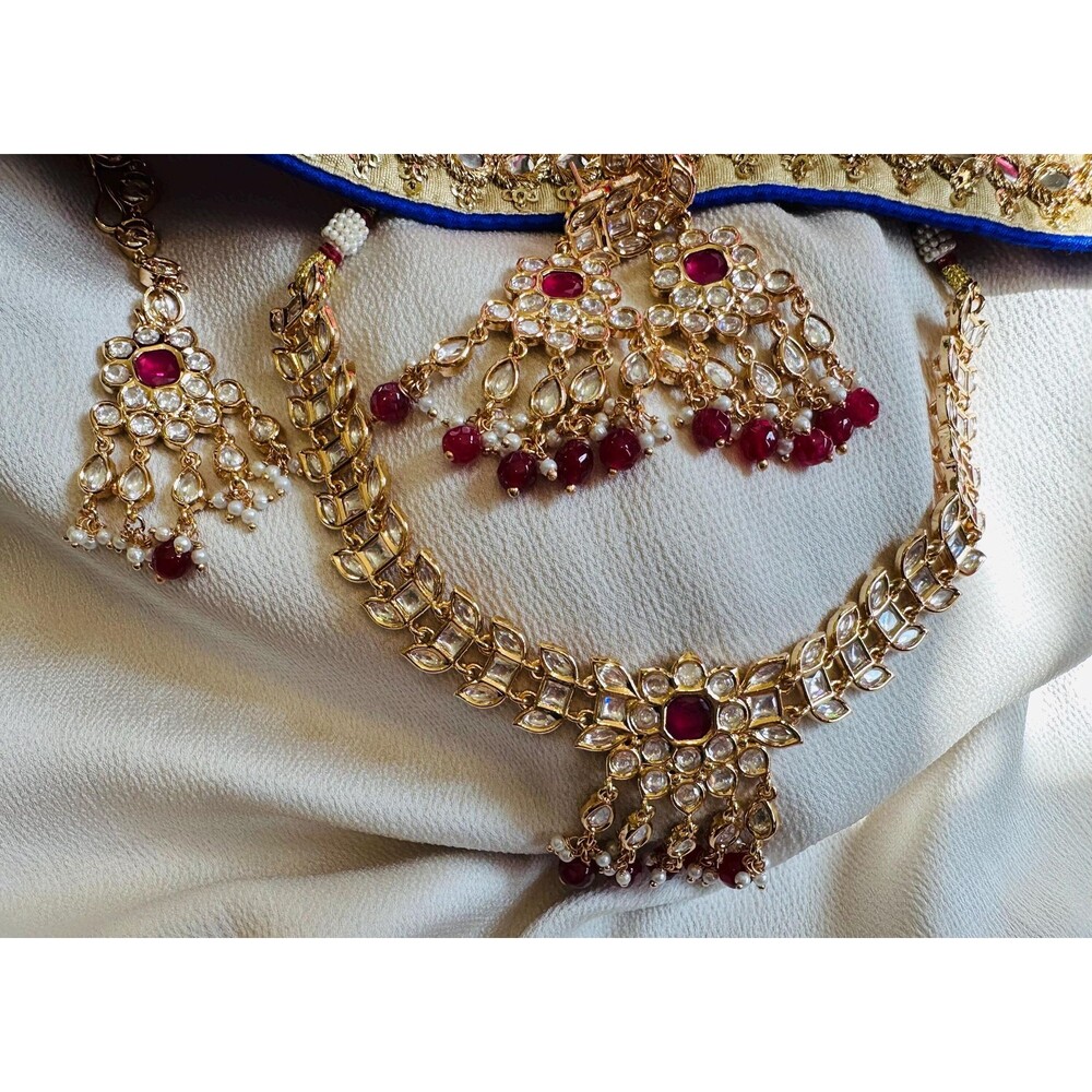 4 pcs Ruby red Kundan moissanite Necklace Tikka Chaandbali Indian Bridal Jewelry